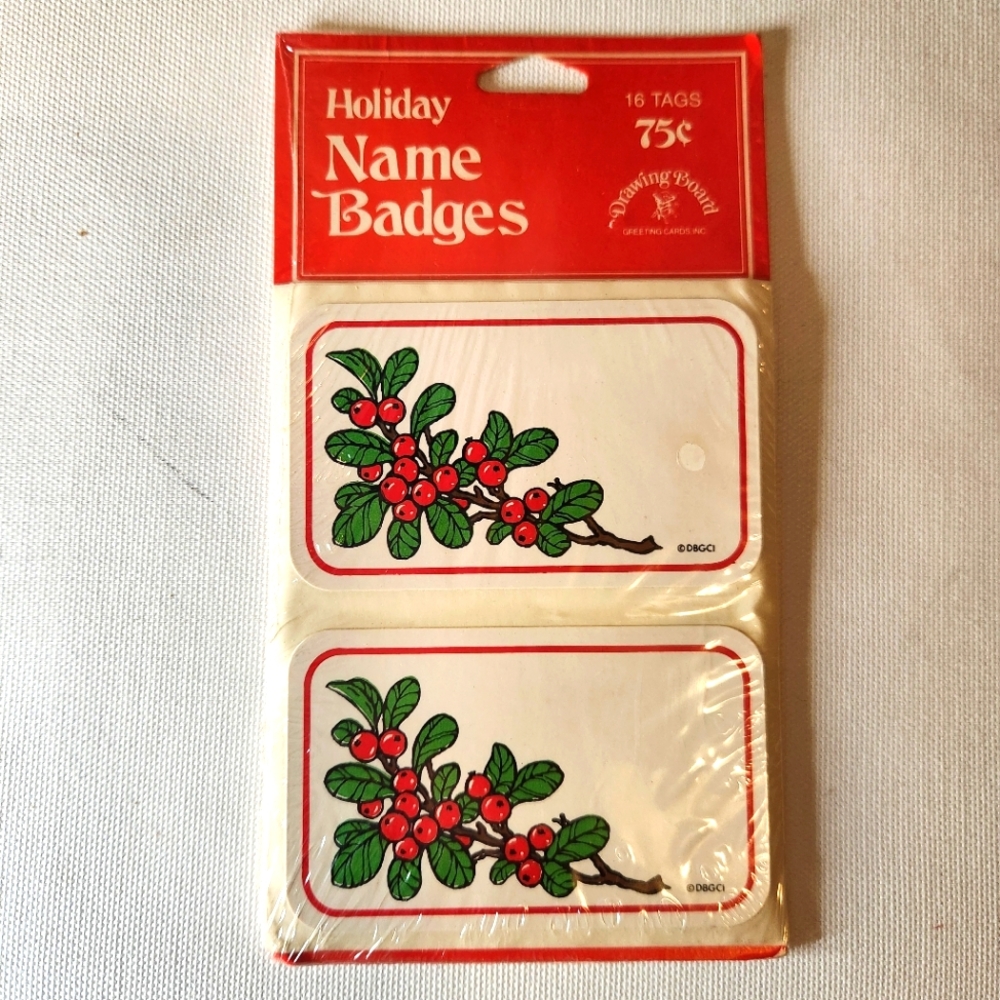 VTG NOS Holiday Party Meeting Name Badges Tag Sticker 16 Self Adhesive New Holly